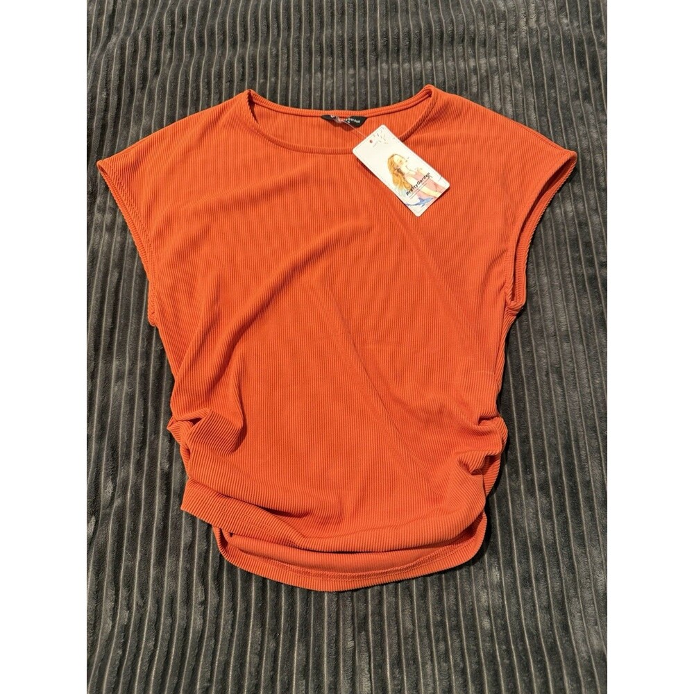 NWT Pretty Garden Orange Ribbed Ruched Sides Sleeveless Top Size Small S
